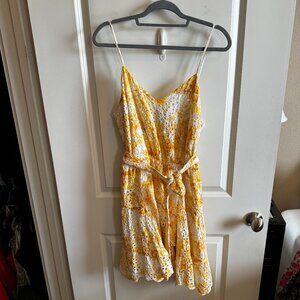 Express Printed Eyelet V-Neck Tie Waist Tiered Trapeze Dress